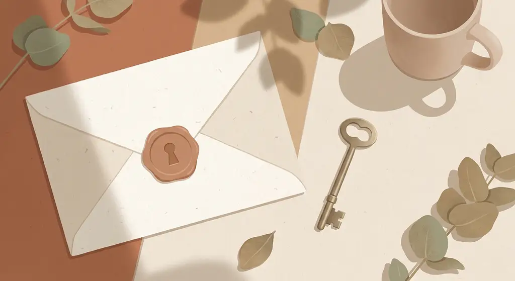 A sealed envelope with a wax stamp and a key, standing for private-by-default handling