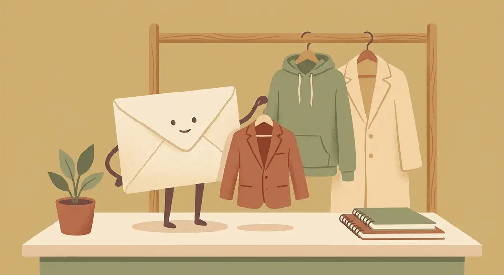 An envelope trying on different outfits, standing for adjustable tone and style